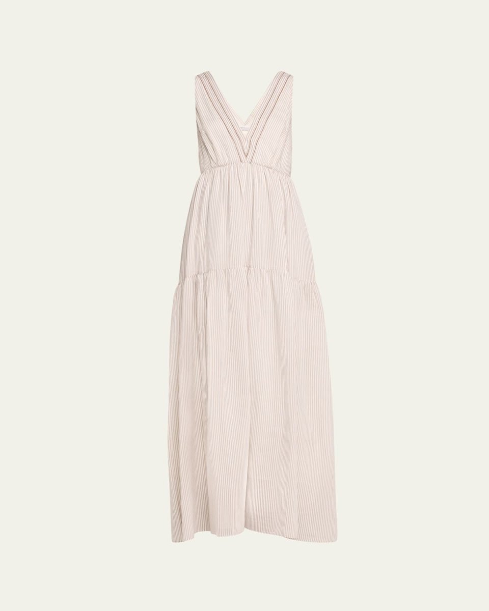 Cotton Silk Striped Maxi Dress with Ruffled Waist and Monili Detai
